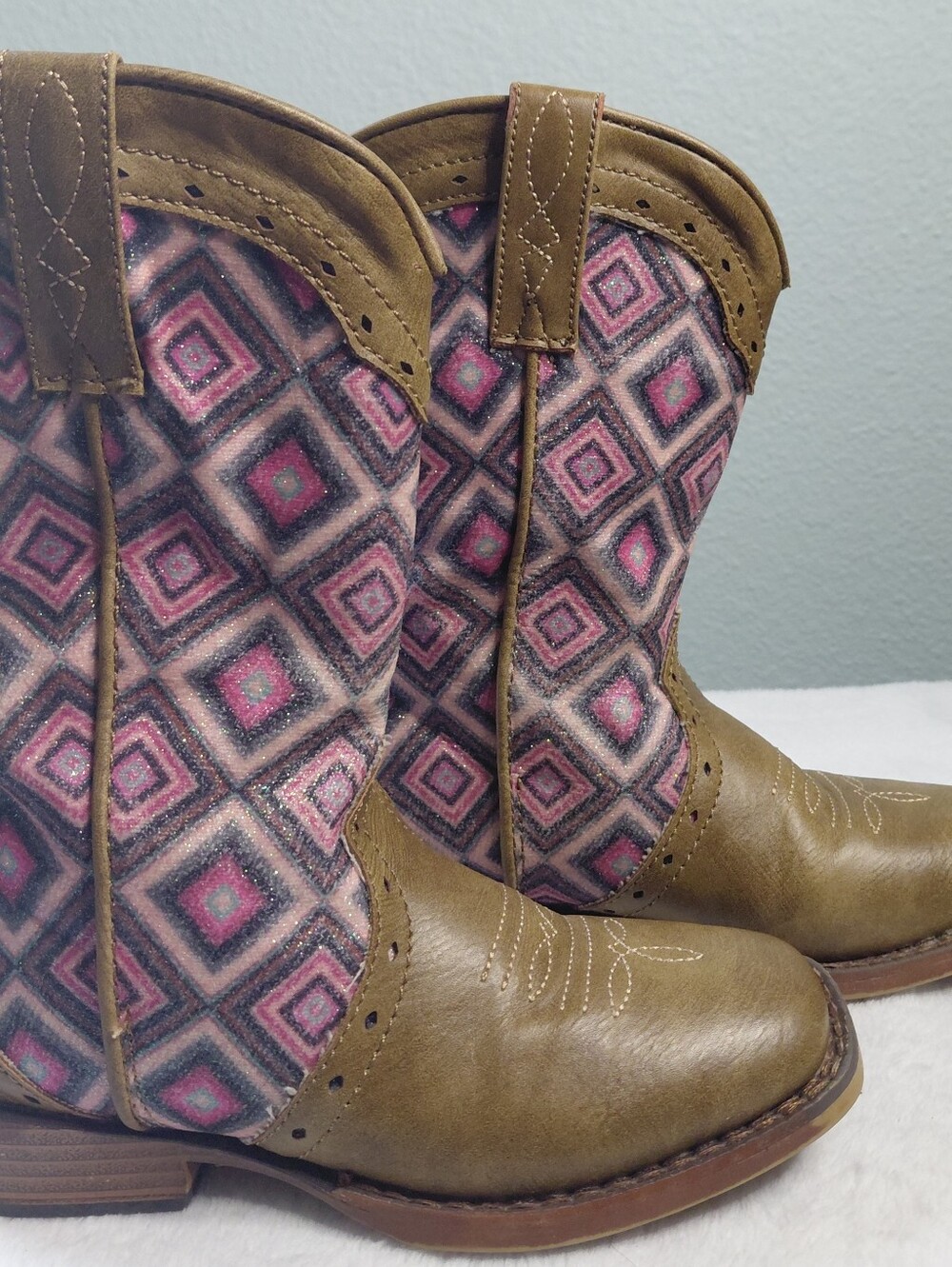 Roper Patterned Glitter Pink and Brown Western Cowboy Boots Girls Sz 12